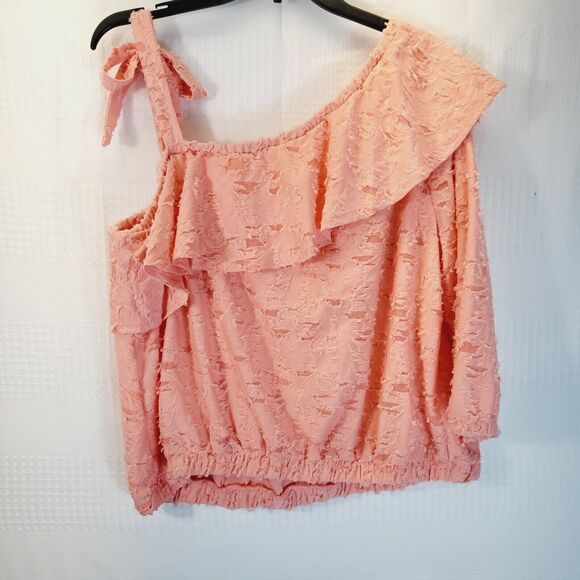Lauren Conrad Shirt XL One Shoulder Cold Ruffle Tie Salmon Pink - Picture 9 of 9